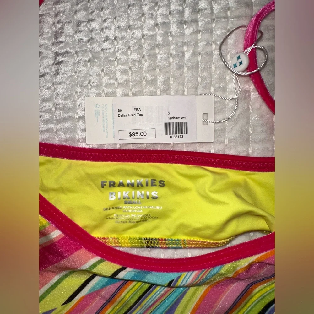Frankie's Bikinis Multi-Color Striped Scoop Bikini with Hot Pink Trim